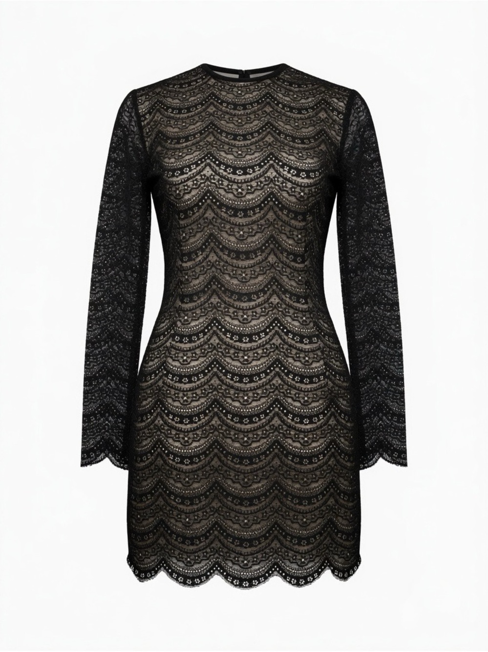 Luxury Alessandra Rich Black Lace Long-Sleeve Scalloped Hem Dress